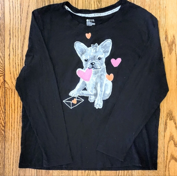 L Long Sleeve Graphic Tshirt HUE French Bulldog Puppy Love Hearts Valentine Cute - Picture 4 of 5